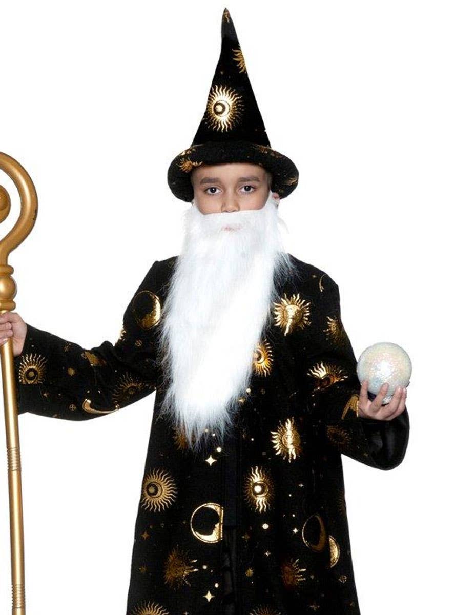 Image of Celestial Black and Gold Boys Wizard Robe Costume - Close Up Image
