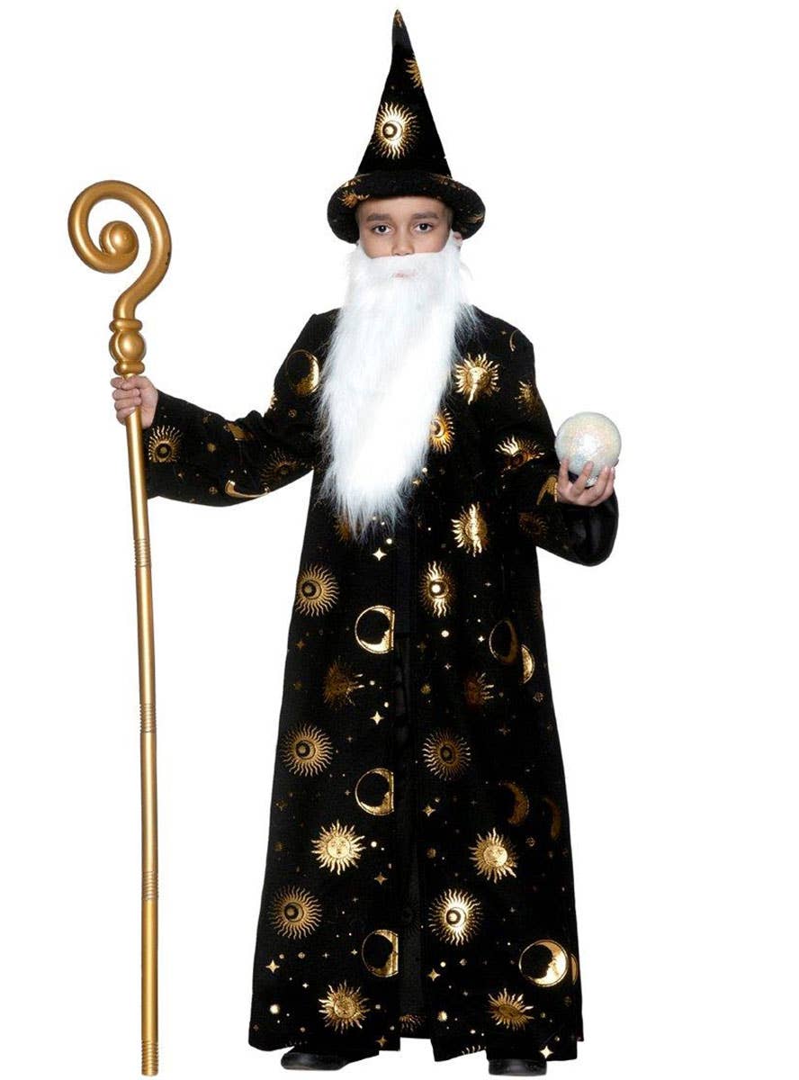 Image of Celestial Black and Gold Boys Wizard Robe Costume - Main Image