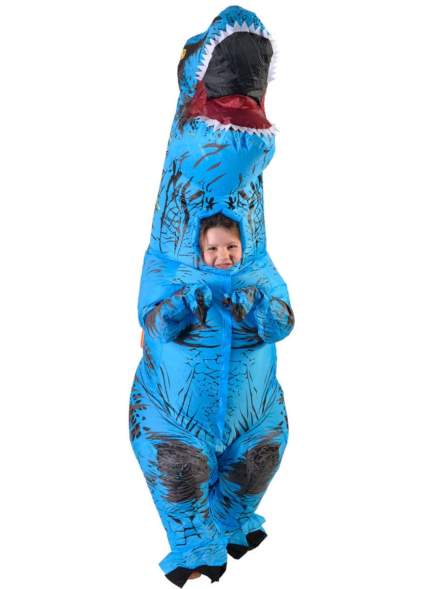 Image of Inflatable Blue T-Rex Dinosaur Kid's Costume - Front View 