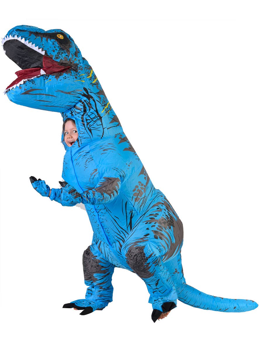 Image of Inflatable Blue T-Rex Dinosaur Kid's Costume - Side View 