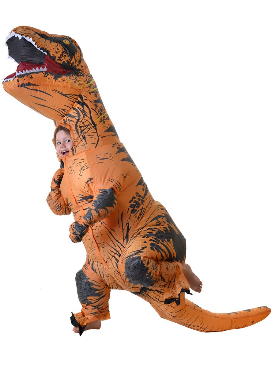 Image of Inflatable Brown T-Rex Dinosaur Kid's Costume - Side View 2