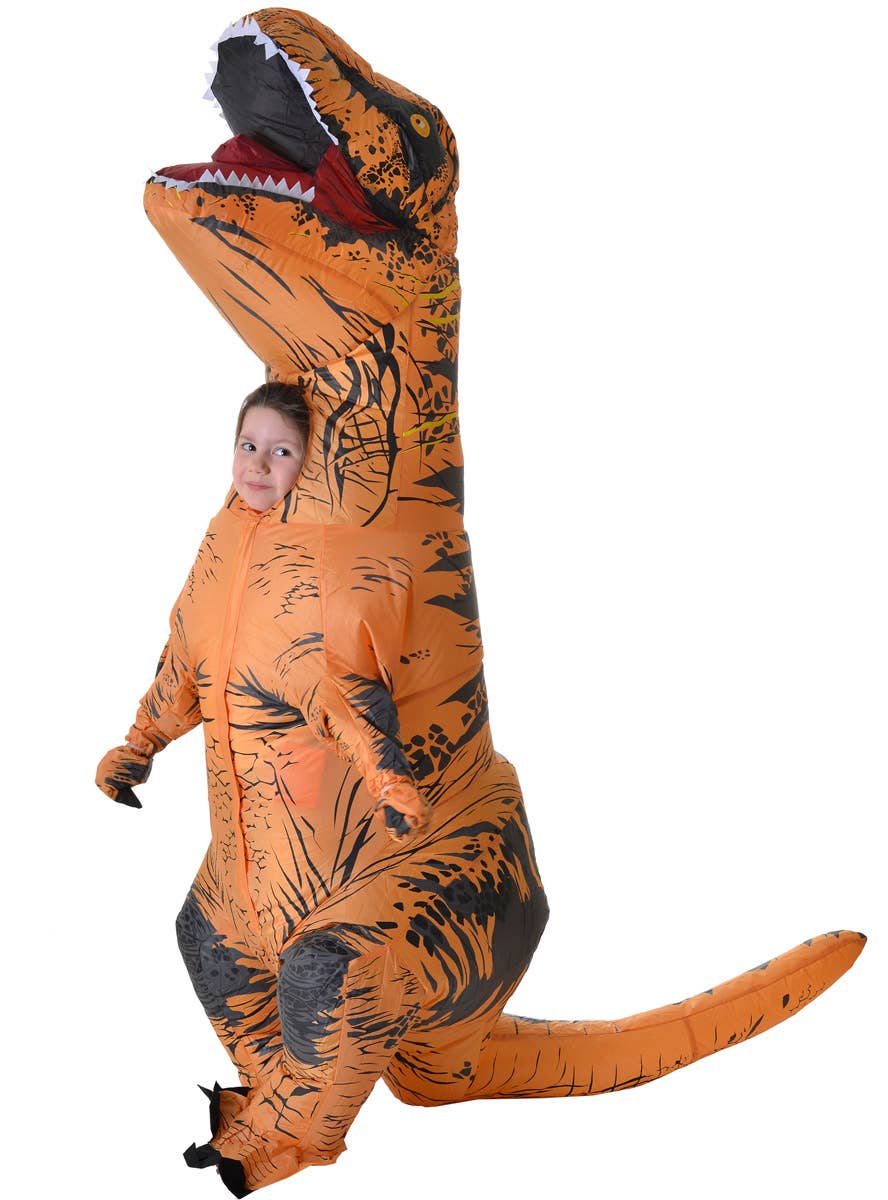 Image of Inflatable Brown T-Rex Dinosaur Kid's Costume - Front Side View