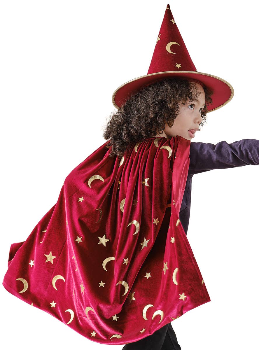 Image of Deluxe Kid's Burgundy Velvet and Gold Magician Cape - Alternate Image