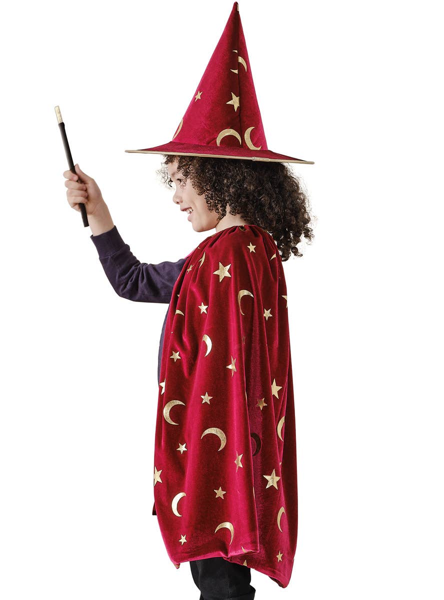 Image of Deluxe Kid's Burgundy Velvet and Gold Magician Cape - Side Image