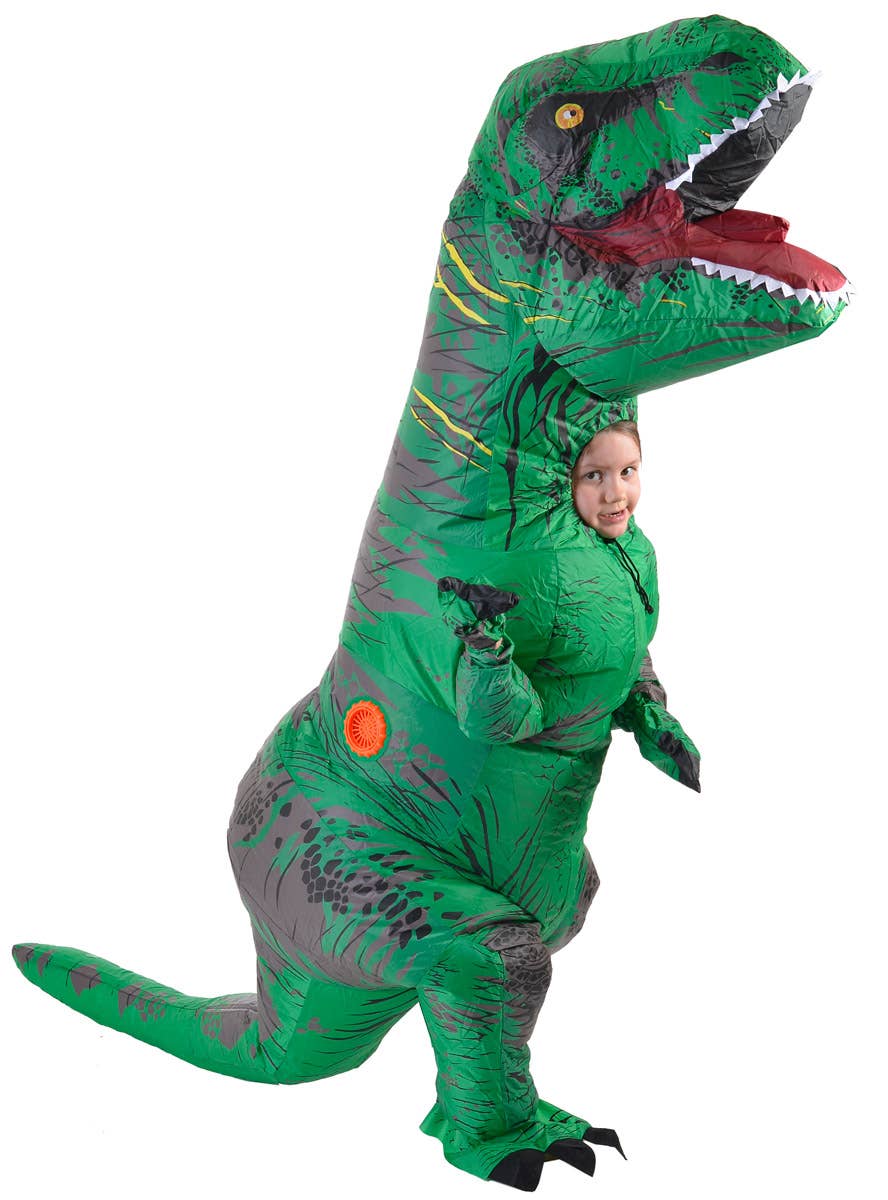Image of Inflatable Green T-Rex Dinosaur Kid's Costume - Front Side View