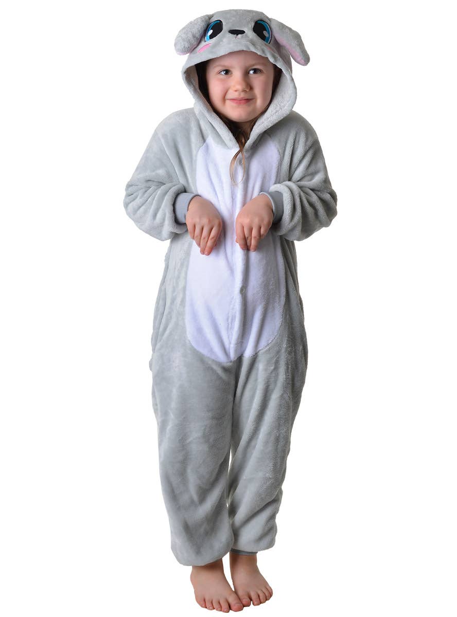 Image of Plush Grey Bunny Rabbit Kids Costume Onesie - Front View