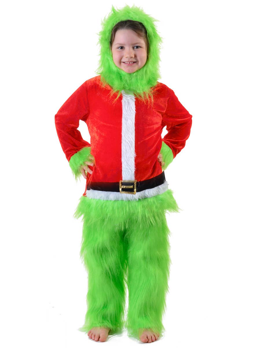 Image of Furry Green Grinch Kid's Santa Christmas Costume - Front View