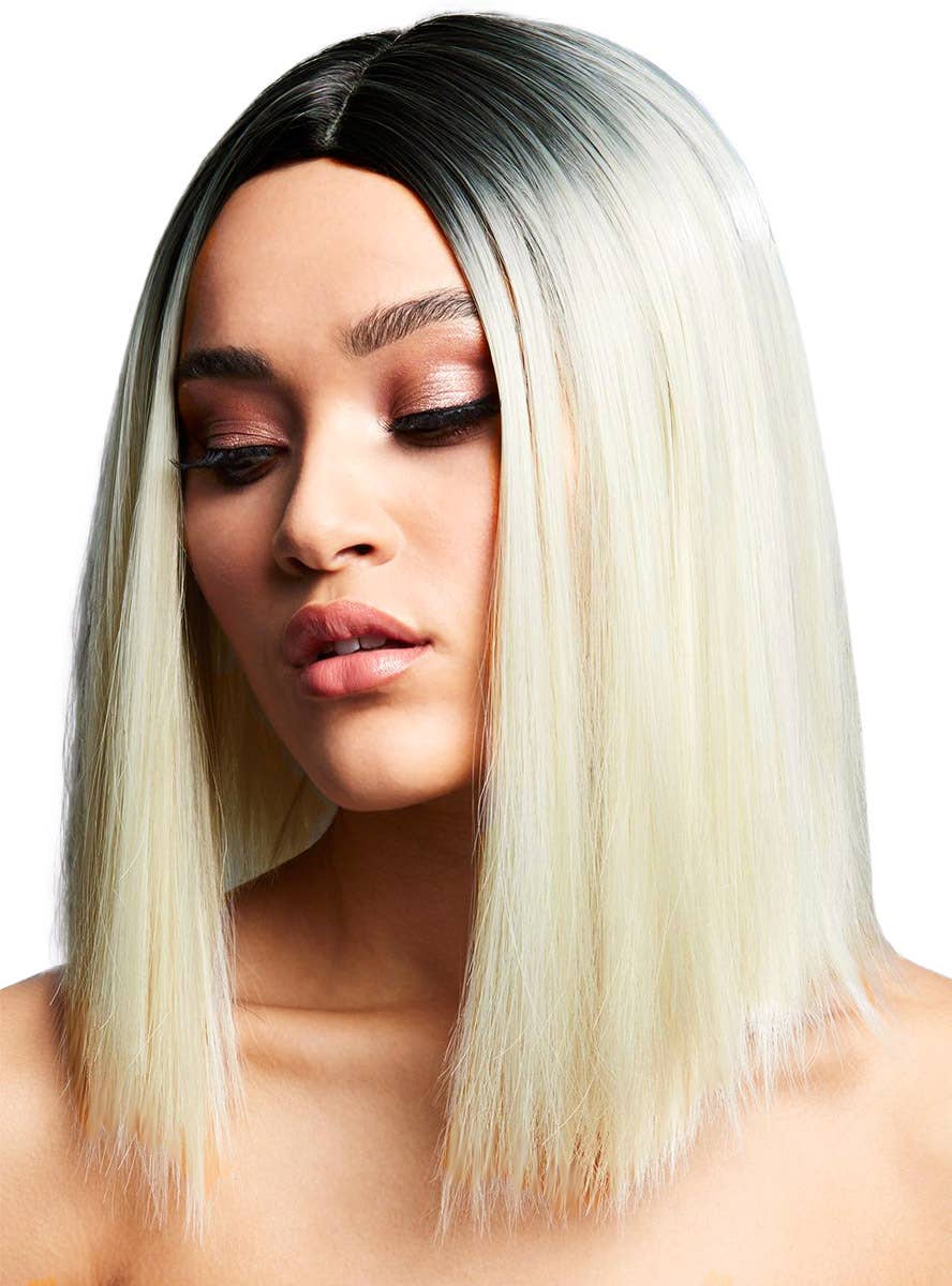 Image of Blunt Cut Women's Blonde Bob Wig with Dark Roots