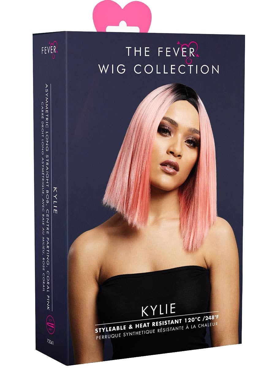 Image of Blunt Cut Women's Coral Pink Bob Wig with Dark Roots - Packaging Image