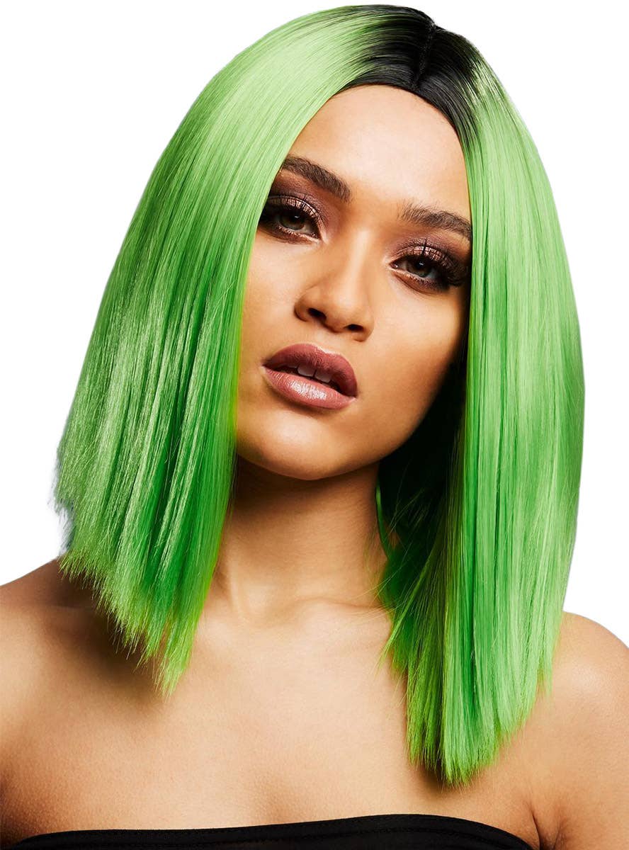 Image of Blunt Cut Women's Lime Green Bob Wig with Dark Roots