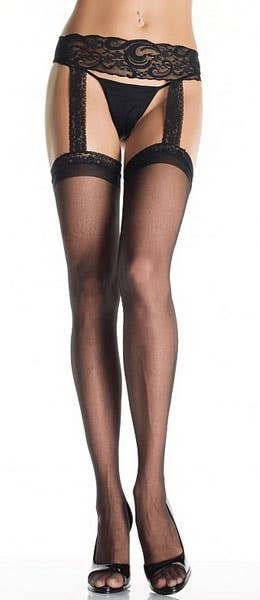 Sheer Black Plus Size Thigh High Stockings with Attached Garter Belt