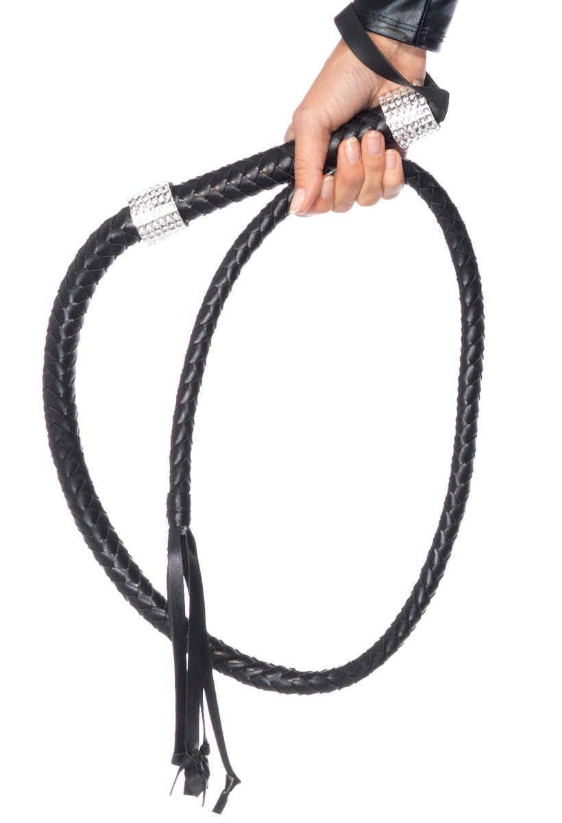 Braided Faux Leather Whip With Silver Rhinestone Encrusted Handle