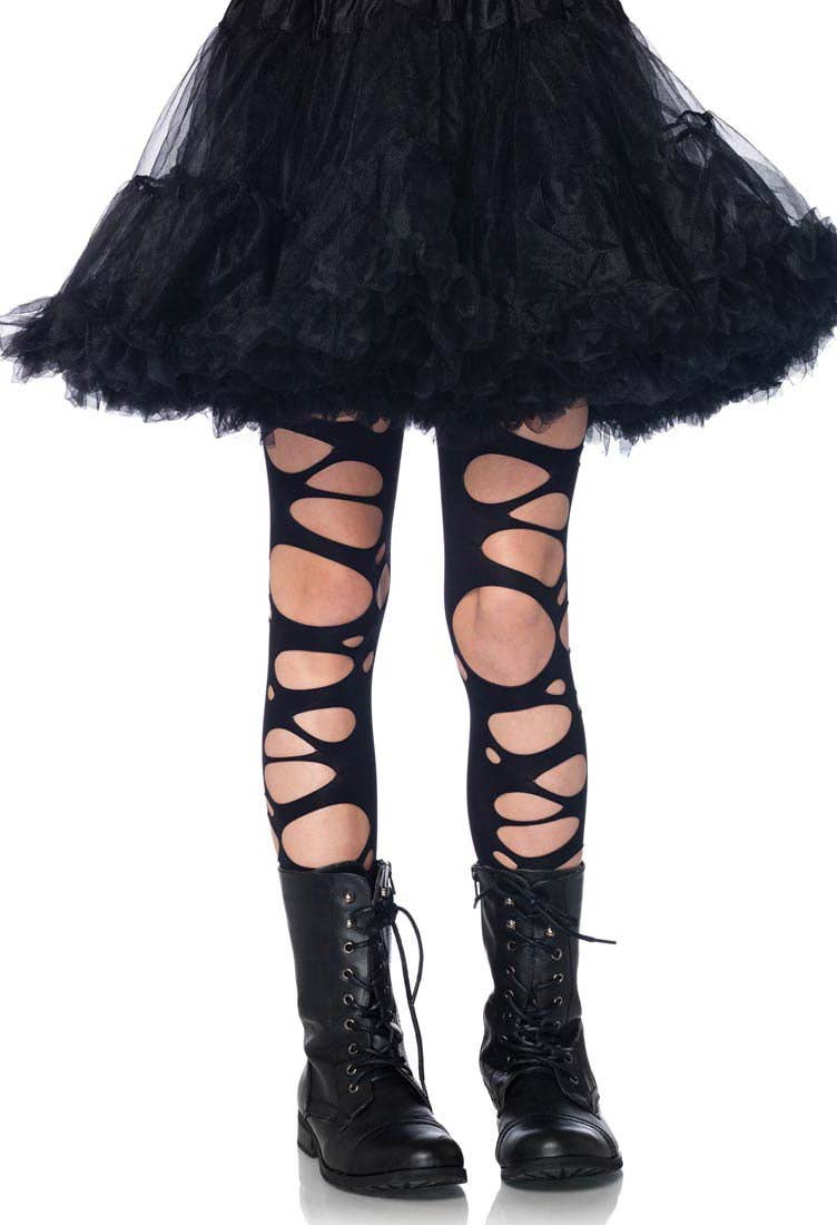 Torn and Tattered Black Nylon Costume Stockings for Girls