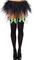 Opaque Black Thigh High Stockings with Green Bows