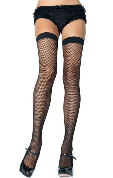 Plain Top Black Fishnet Thigh High Stockings