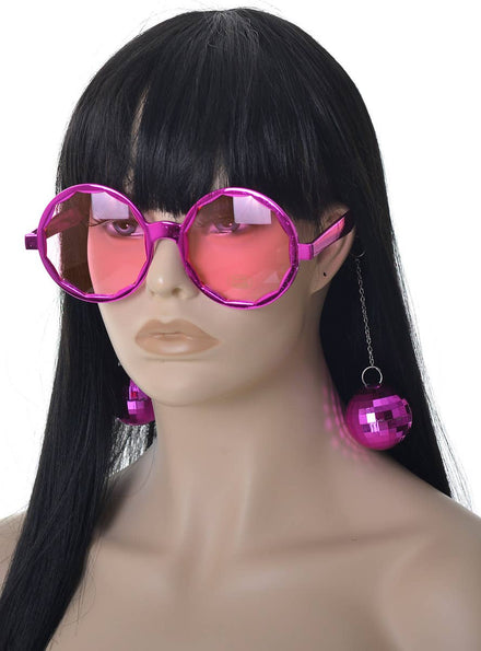 Round Pink 70s Costume Glasses With Attached Disco Balls