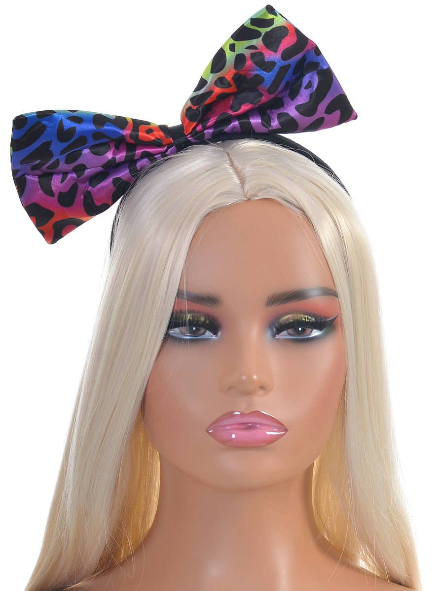 Image of Giant 1980's Rainbow Leopard Print Bow Costume Headband - Alternate Image 