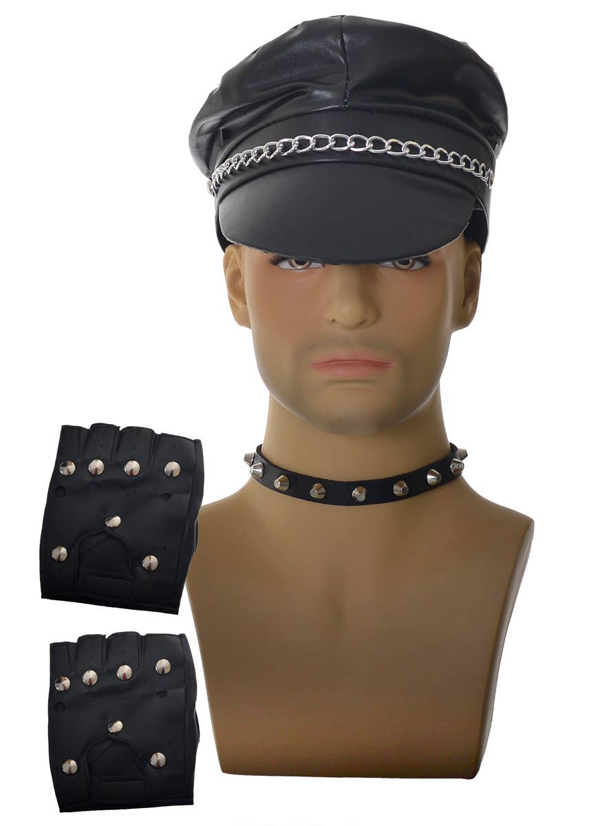 Image Of Leather Look Punk Hat and Gloves Accessory Set