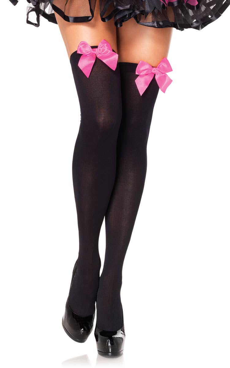 Black Opaque Thigh High Women's Stockings with Pink Bows