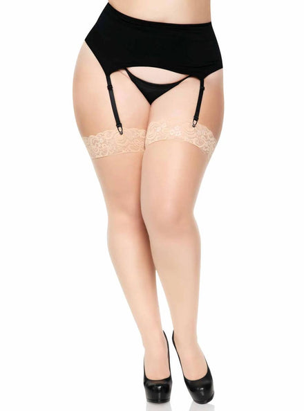 Plus Size Sheer Nude Thigh Highs with Lace Top and Back Seam - Main Image