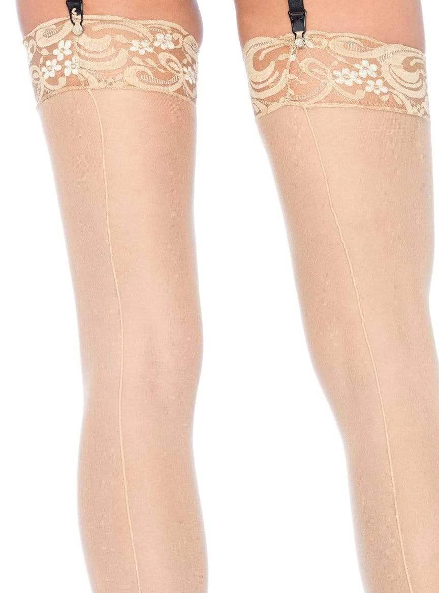 Plus Size Sheer Nude Thigh Highs with Lace Top and Back Seam - Detail Image