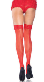 Plus Size Sexy Sheer Red Women's Thigh High Stockings with Lace Top and Back Seam