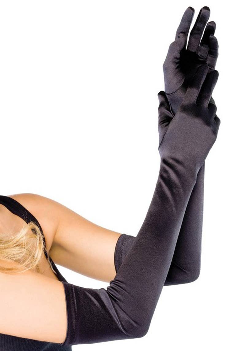 Women's Extra Long Black Satin Gloves Costume Accessory