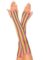 Long Elbow Length Rainbow Fingerless Fishnet Arm Warmers