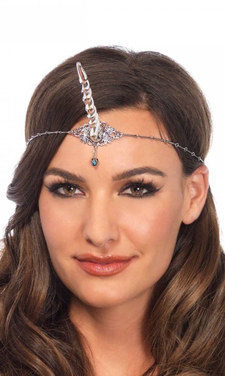 Women's Silver Jewelled Unicorn Horn Headband Costume Accessory Zoom Image