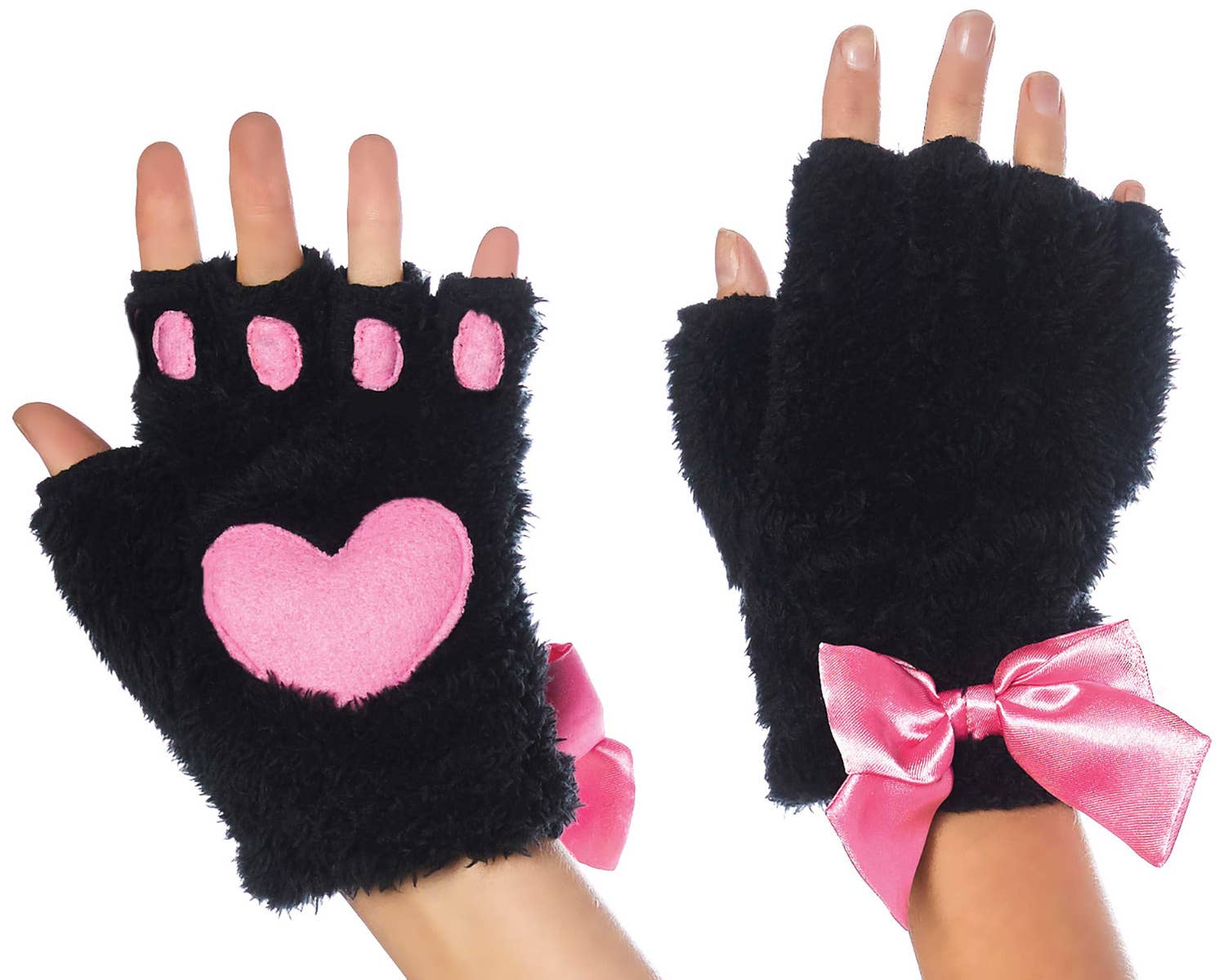 Black and Pink Furry Kitty Cat Fingerless Gloves Alt Image