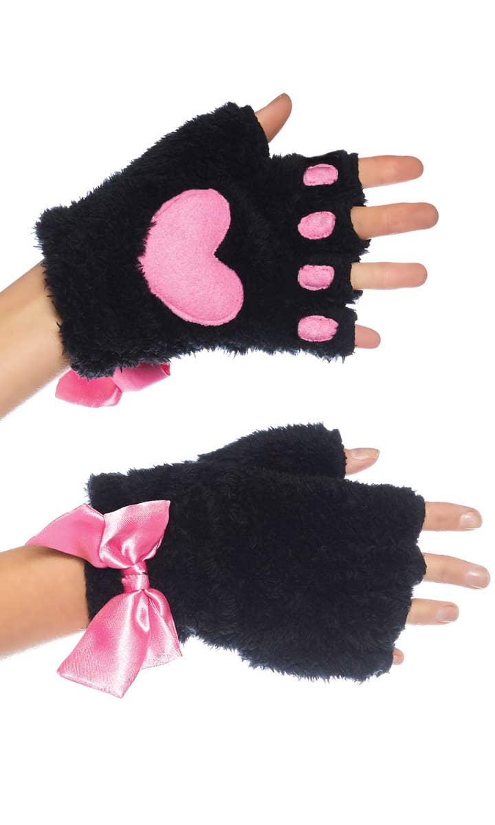 Black and Pink Furry Kitty Cat Fingerless Gloves Main Image