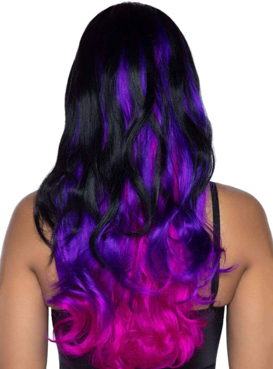 Women's Long Wavy Black Purple and Pink Ombre Costume Wig - Back Image