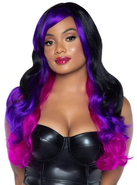 Women's Long Wavy Black Purple and Pink Ombre Costume Wig - Front Image