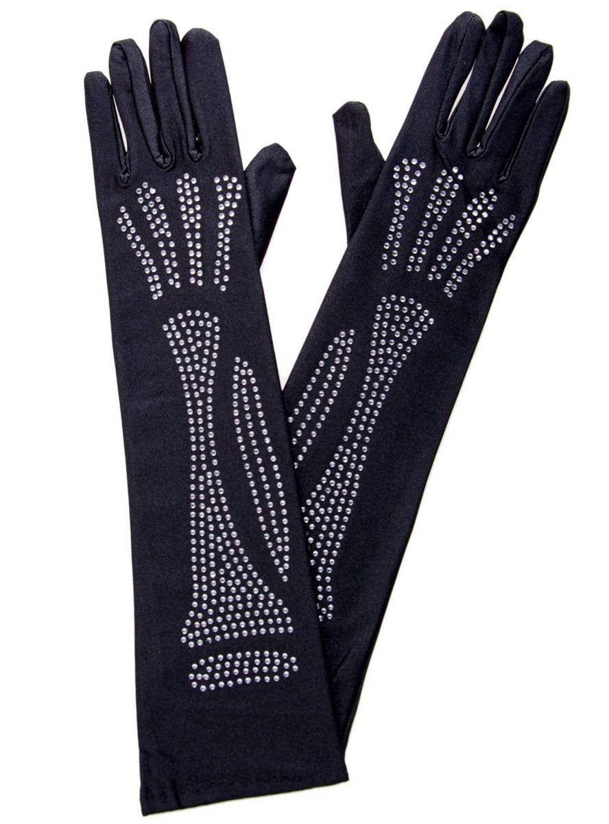 Black Elbow Length Gloves with Rhinestone Skeleton - Alternate Image