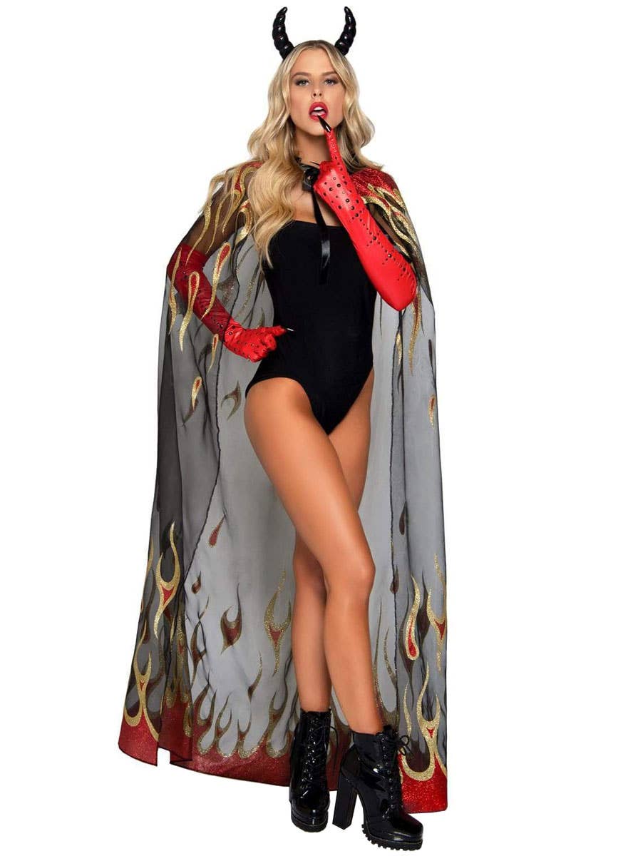 Long Sheer Black Demon Costume Cape with Flame Print and Horns Headband - Alternative Image