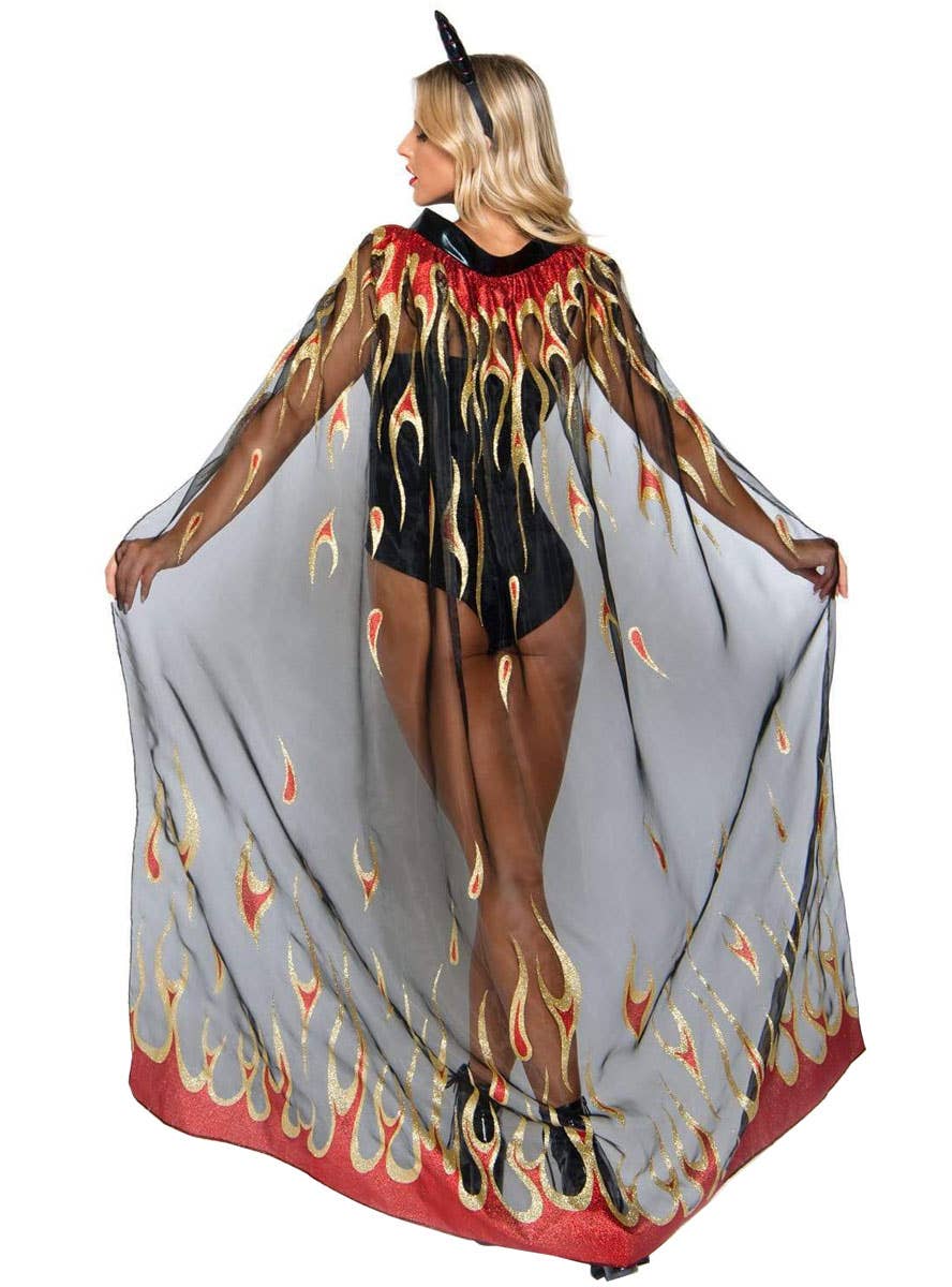 Long Sheer Black Demon Costume Cape with Flame Print and Horns Headband - Back Image