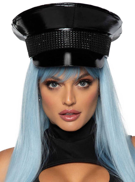 Black Wet Look Peaked Military Style Festival Hat with Rhinestones