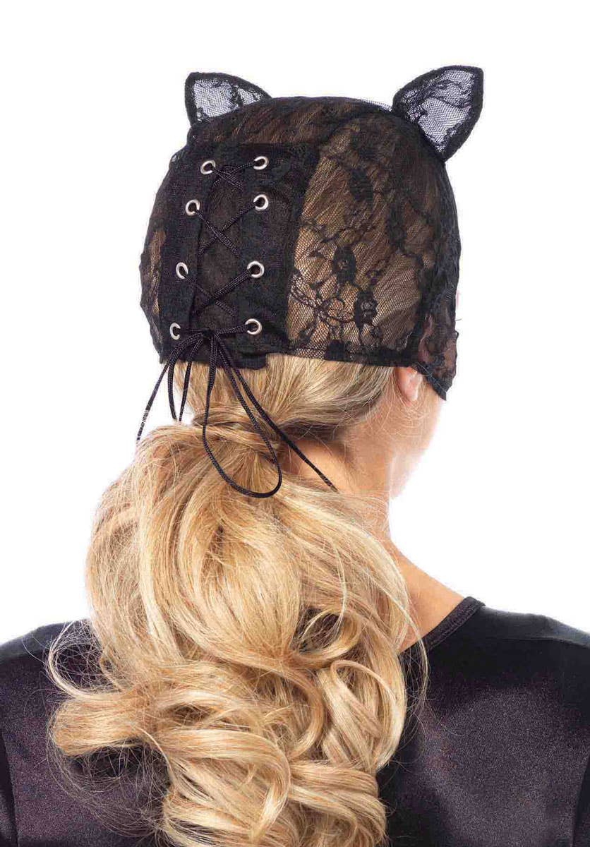 Black Lace Women's Cat Mask with Ears Front View