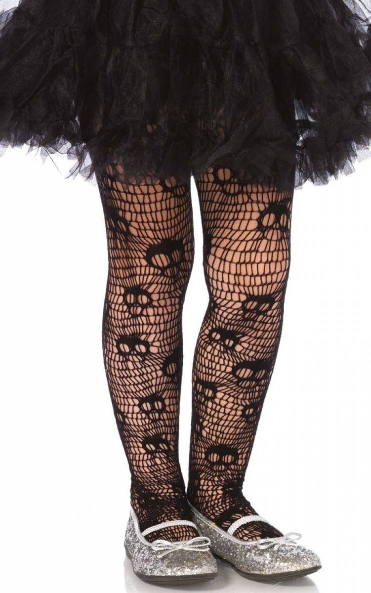 Girls Black Net Skull Halloween Full Length Stockings