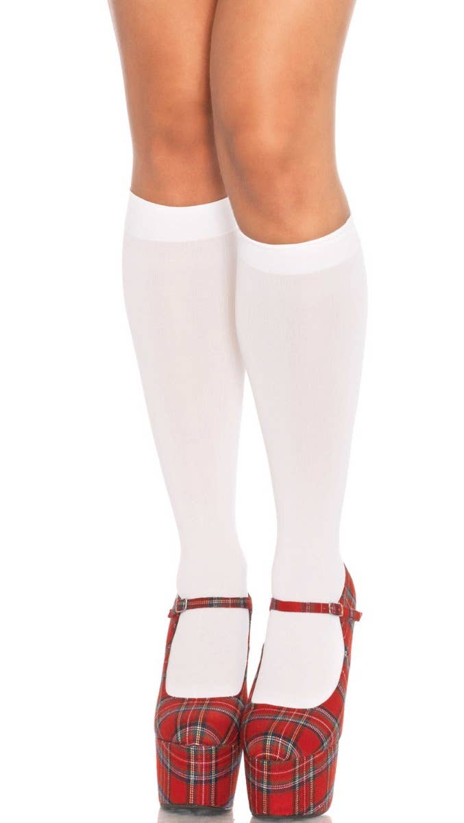 Basic White Opaque Knee High Women's Stockings Front Image