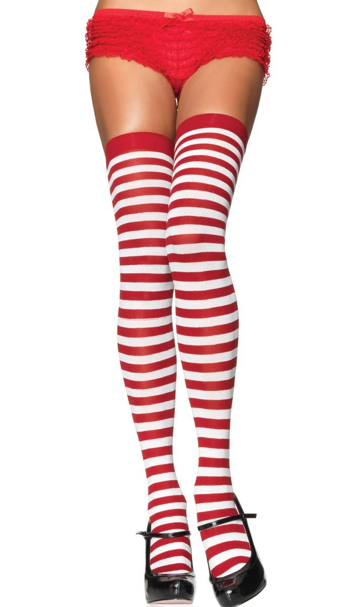 Women's Red and White Thigh High Hosiery Main Image