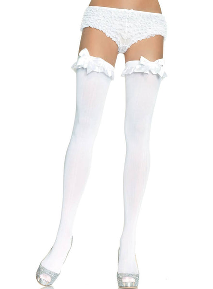 Womens White Thigh Highs with Ruffle Top and White Satin Bow