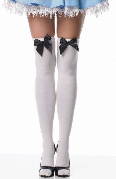 Women's White Thigh High Costume Stockings With Black Bows Alternative Image