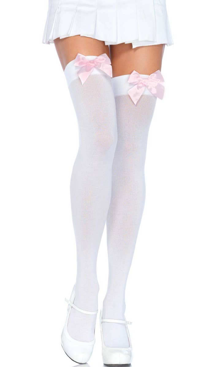 Women's White Opaque Thigh High Stockings with Light Pink Satin Bows
