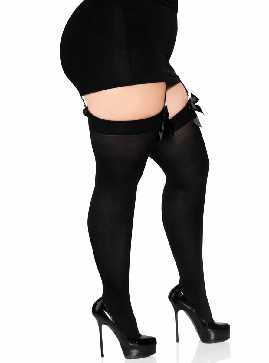 Opaque Black Plus Size Women's Thigh High Stockings with Black Bows - Side Image