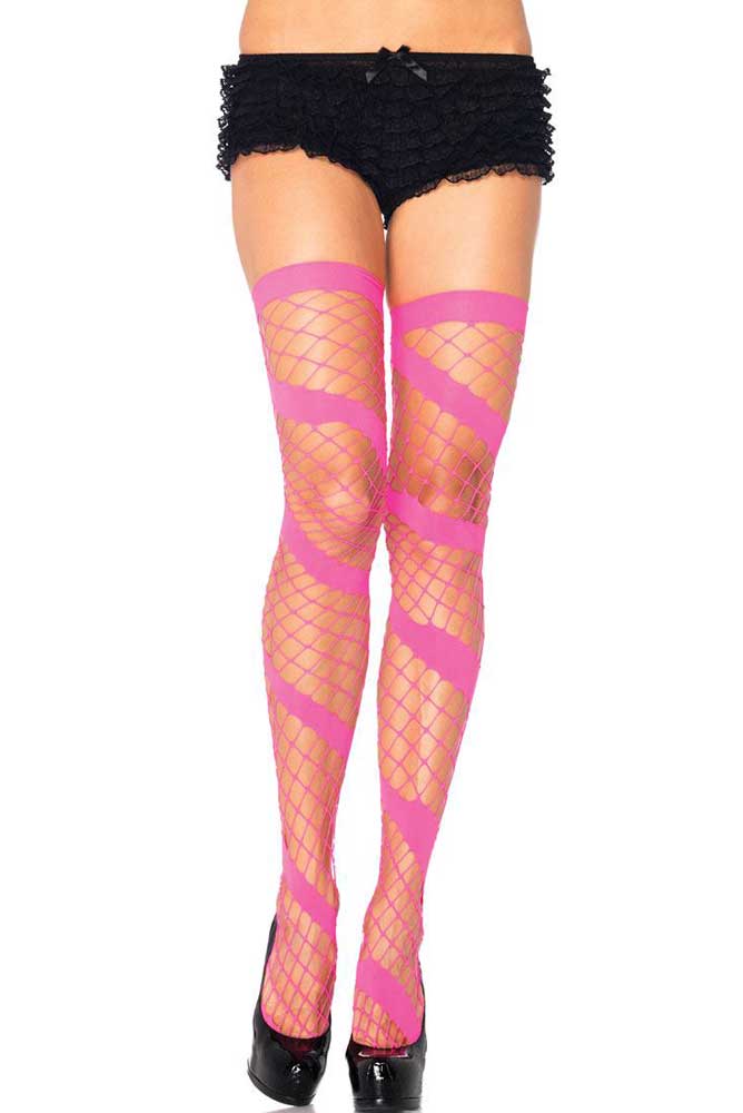 Bright Pink Thigh High Swirl Net Stockings - Front View
