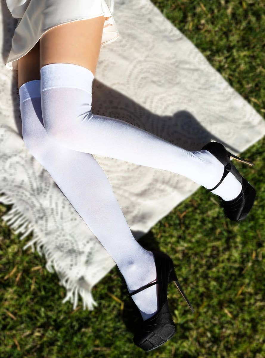 Sexy White Thigh High Opaque Costume Stockings Alternative Image