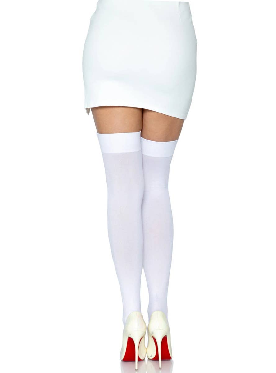 Sexy White Thigh High Opaque Costume Stockings Back Image