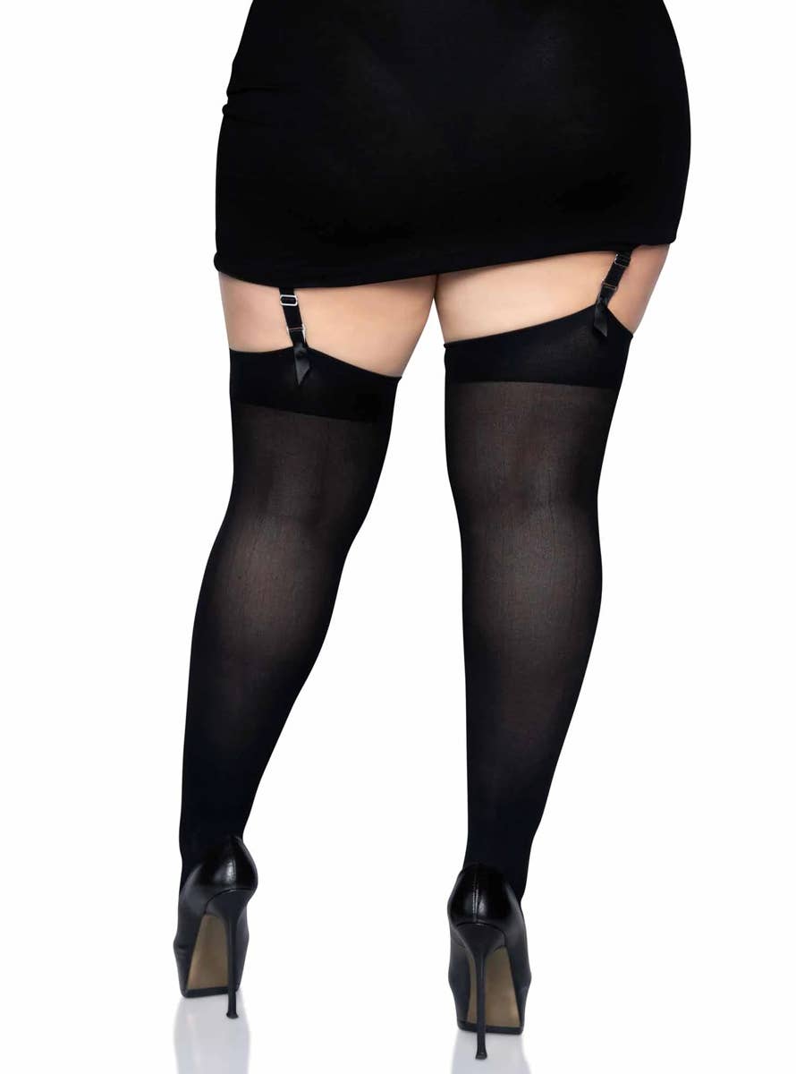 Plus Size Black Opaque Thigh High Costume Stockings - Back Image