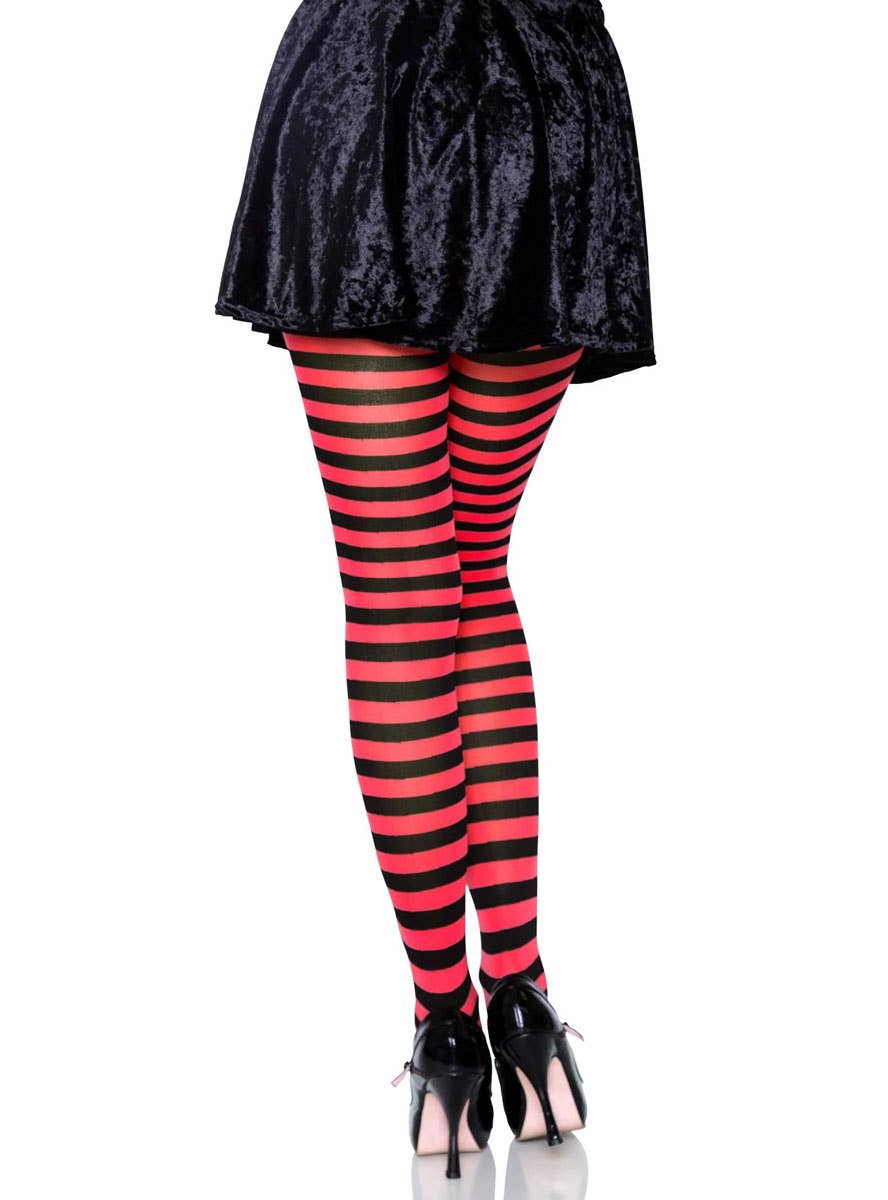 Womens Full Length Red and Black Striped Costume Stockings - Back Image